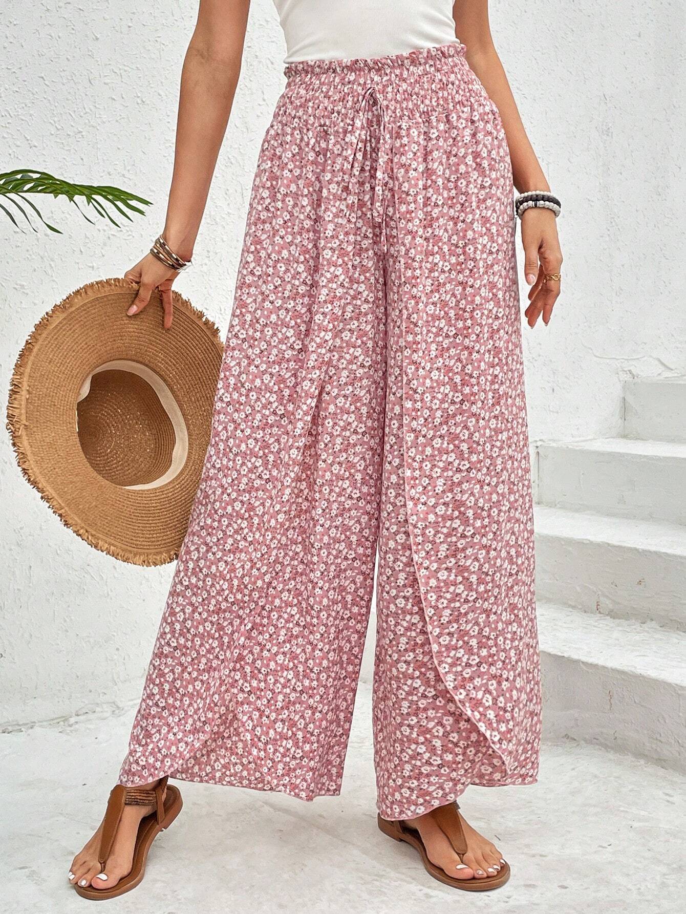 2025 Tiktoktemu women's clothing summer new fashion versatile floral side slit wide-leg culottes
