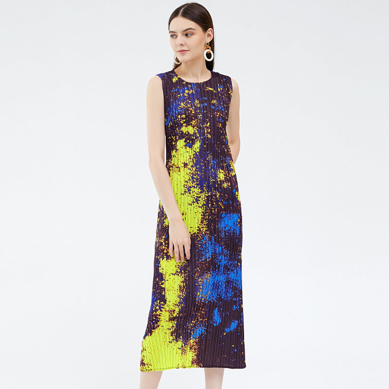 2025 summer new thin starry sky printing dress women's sleeveless temperament elegant medium and long a-word skirt Miyake