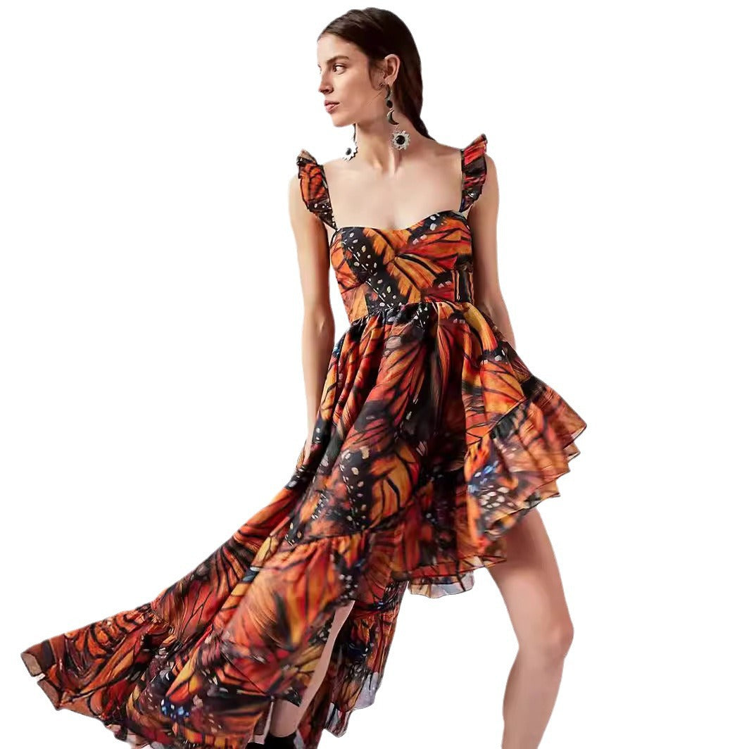 jinran pretty halloween costumes 2024 Summer Hot Sale Sling Midi Dress Digital Butterfly Print Fashion Style Large Swing Skirt Dress