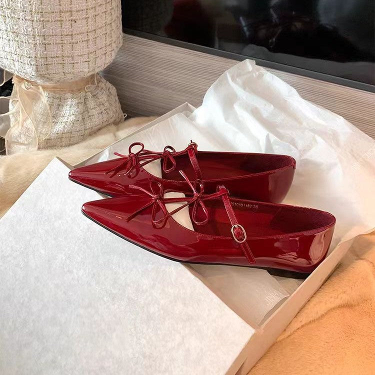 2025 Cowhide version~ Su Yinyin has the same niche pointed T-shaped double bow retro single shoes women's Mary Jane shoes