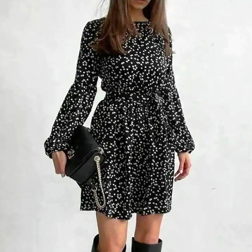 2025 popular spring fashion wildberries sexy temperament round neck lantern sleeve print dress New women