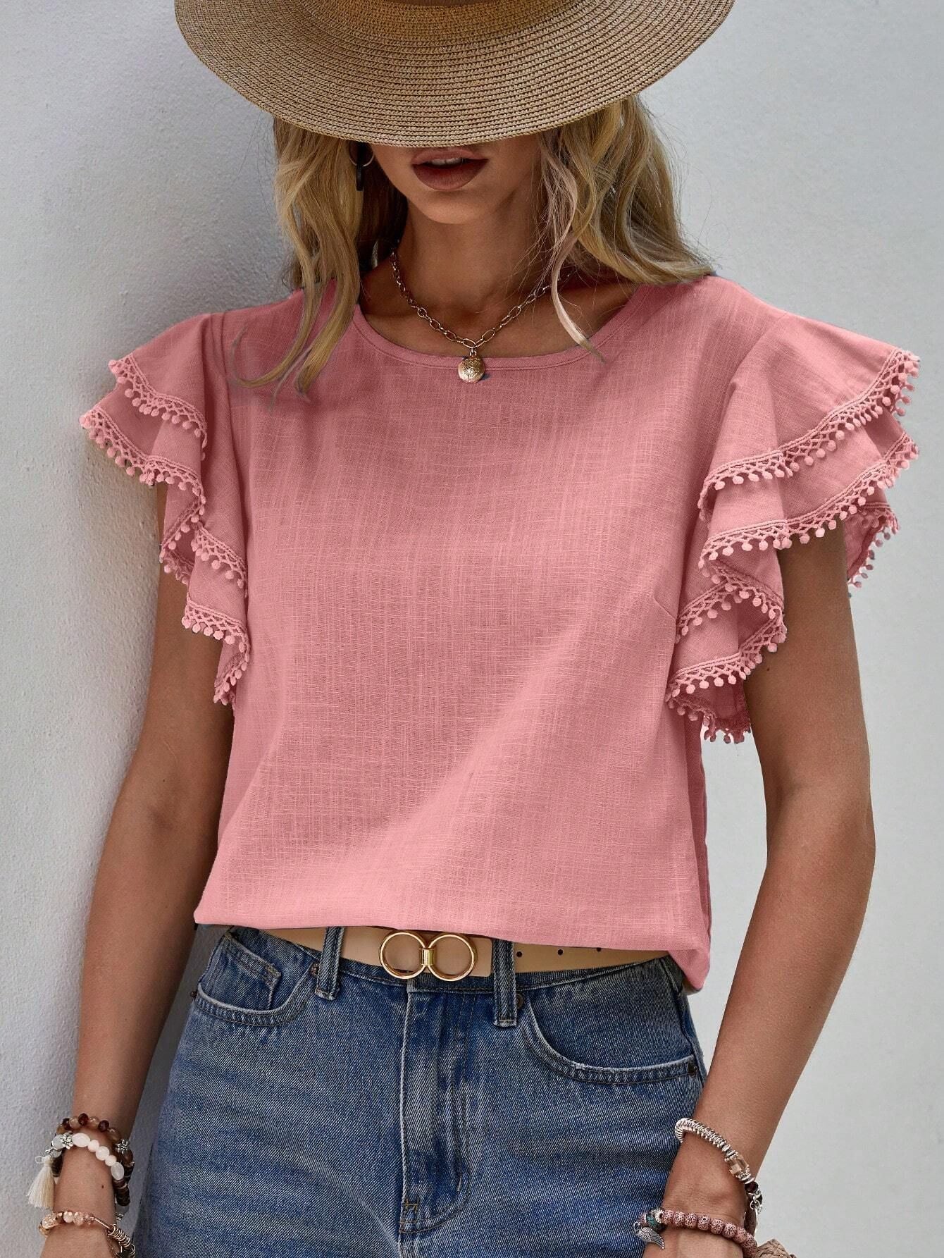 2025 Women's Casual Crew Neck Summer Loose Shirt Lotus Leaf Batman Short Sleeve Top Women