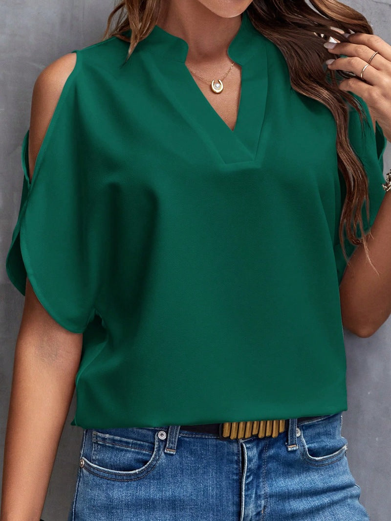 2025 tiktoktemu women's clothing summer new V-neck temperament fashion off-the-shoulder sleeve women's top