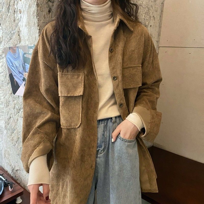 jinran fall outfits aesthetic Corduroy Coat Women's Autumn and Winter All-Matching Jacket New Retro Hong Kong Style Mid-Length Shirt Fashionable Top