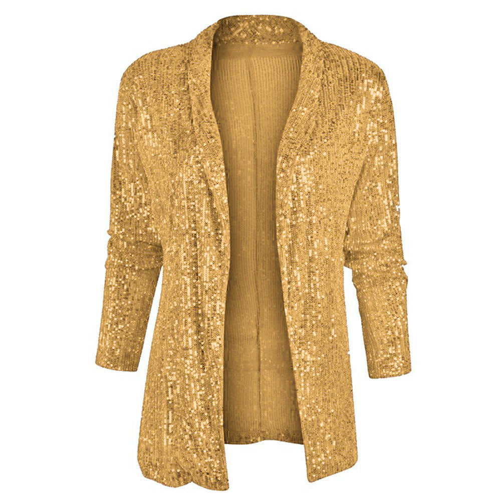 2025 spring New new 2025 sequined long-sleeved temperament medium and long small suit lapel coat
