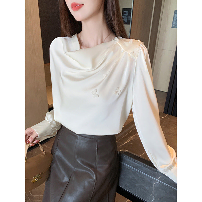 Bead design sense V-neck shirt women's 2025 spring long-sleeved thin professional commuting ol temperament interview top