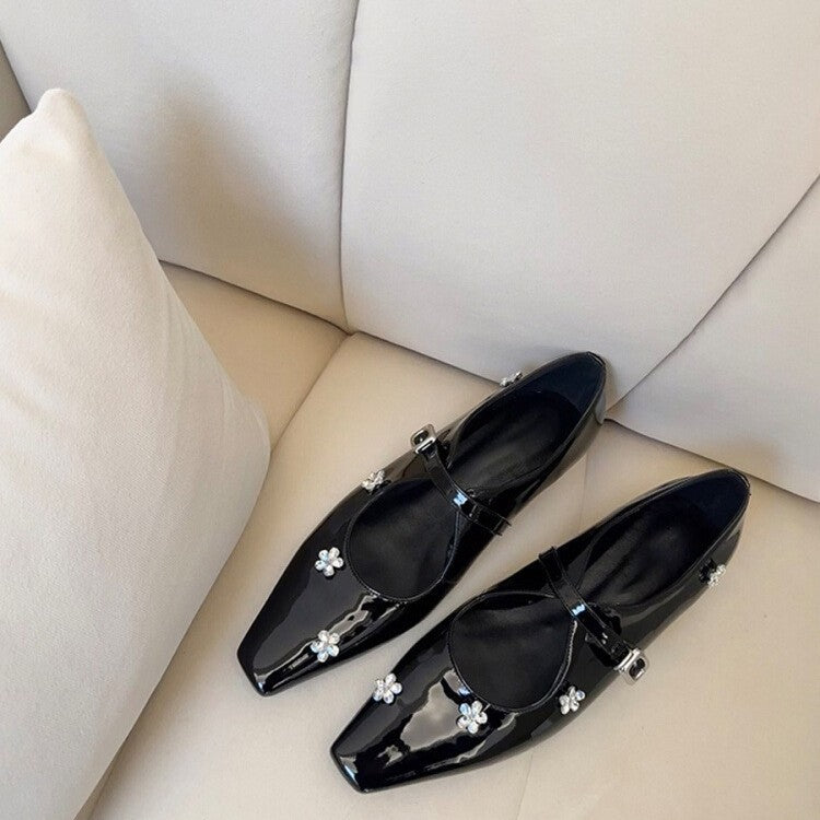 2025 Spot sheepskin version~ rhinestone flower inner height increase single shoes with temperament square head silver Mary Jane shoes