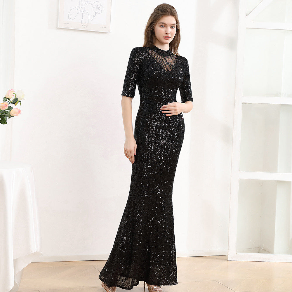 2025 Evening dress women's new high-end temperament socialite banquet host sequined long fishtail dress