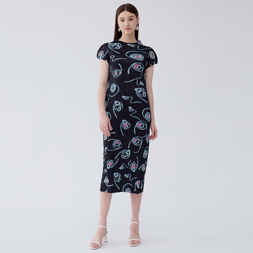2025 summer new Miyake circle printing temperament high-waisted dress slim-fitting pleated semi-turtleneck A-shaped skirt