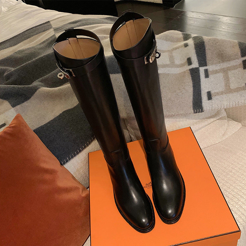 2025 Cowhide version~ Grape mother same 2025 autumn and winter new pointed thick heel knight boots commuting medium and high boots women