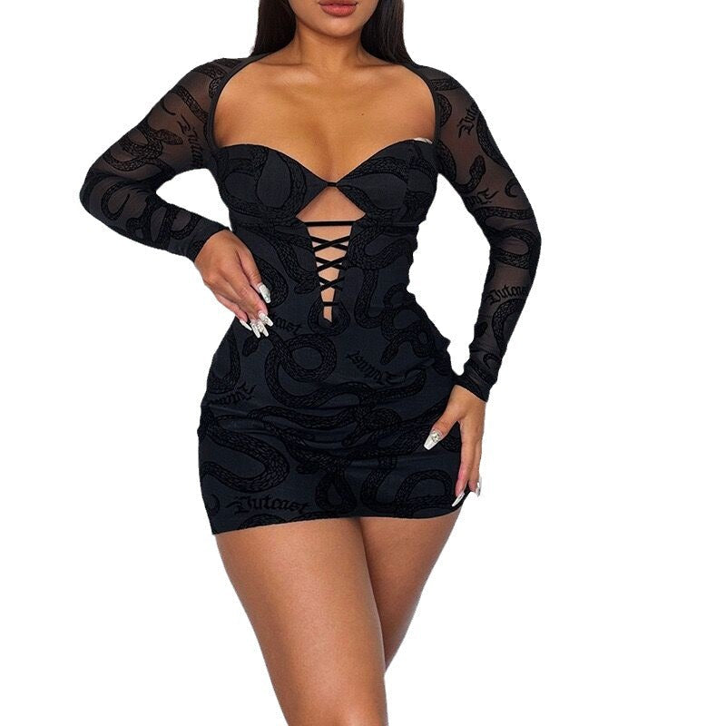 jinran olivia rodrigo costume Women's 2024 Summer New Women's Long-Sleeved Hip Skirt Flocking Lace Perspective Sexy Dress