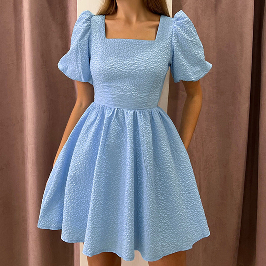2025 summer new fashion square neck bubble sleeve short skirt design sense temperament jacquard dress women
