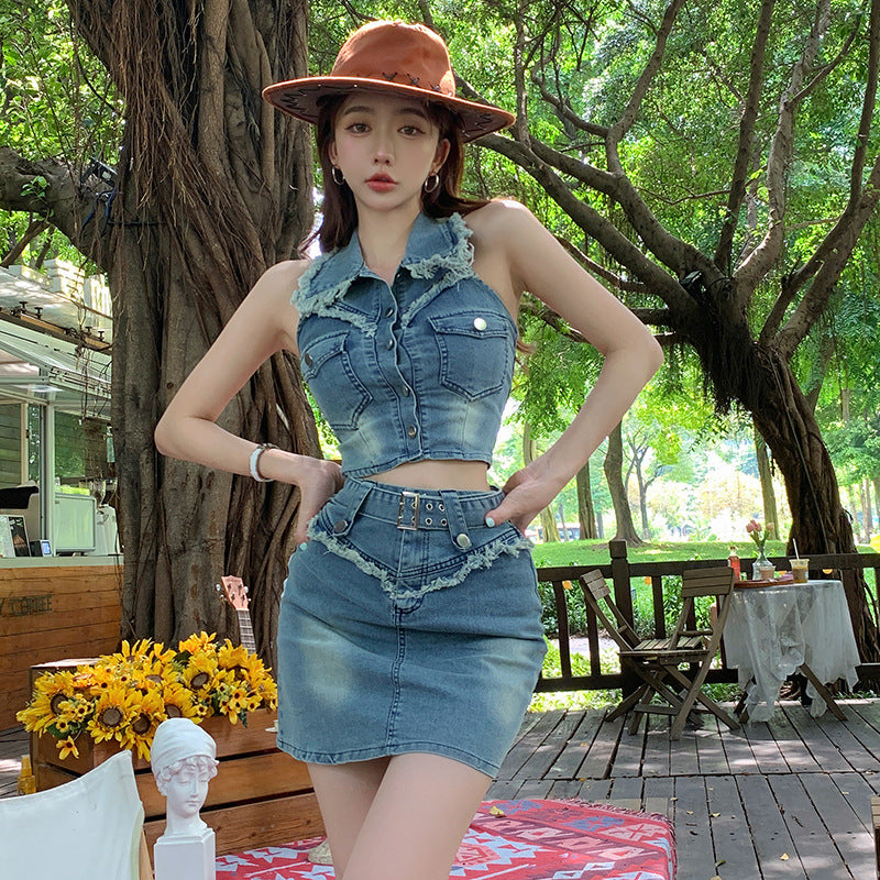 2025 Spice girl denim suit women's summer new fashion neck halter navel vest top high waist rough edge skirt