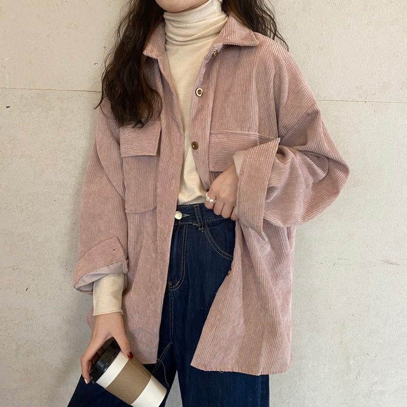 jinran fall outfits aesthetic Corduroy Coat Women's Autumn and Winter All-Matching Jacket New Retro Hong Kong Style Mid-Length Shirt Fashionable Top