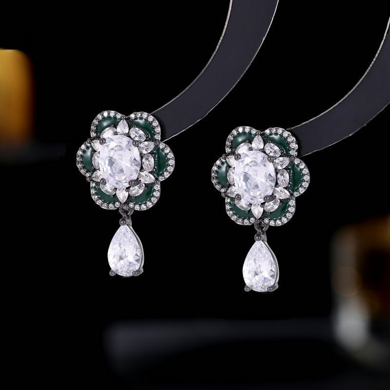 2025 Yiwu accessories temperament niche high-end earrings wholesale zircon inlay oil drop flower water drop earrings women