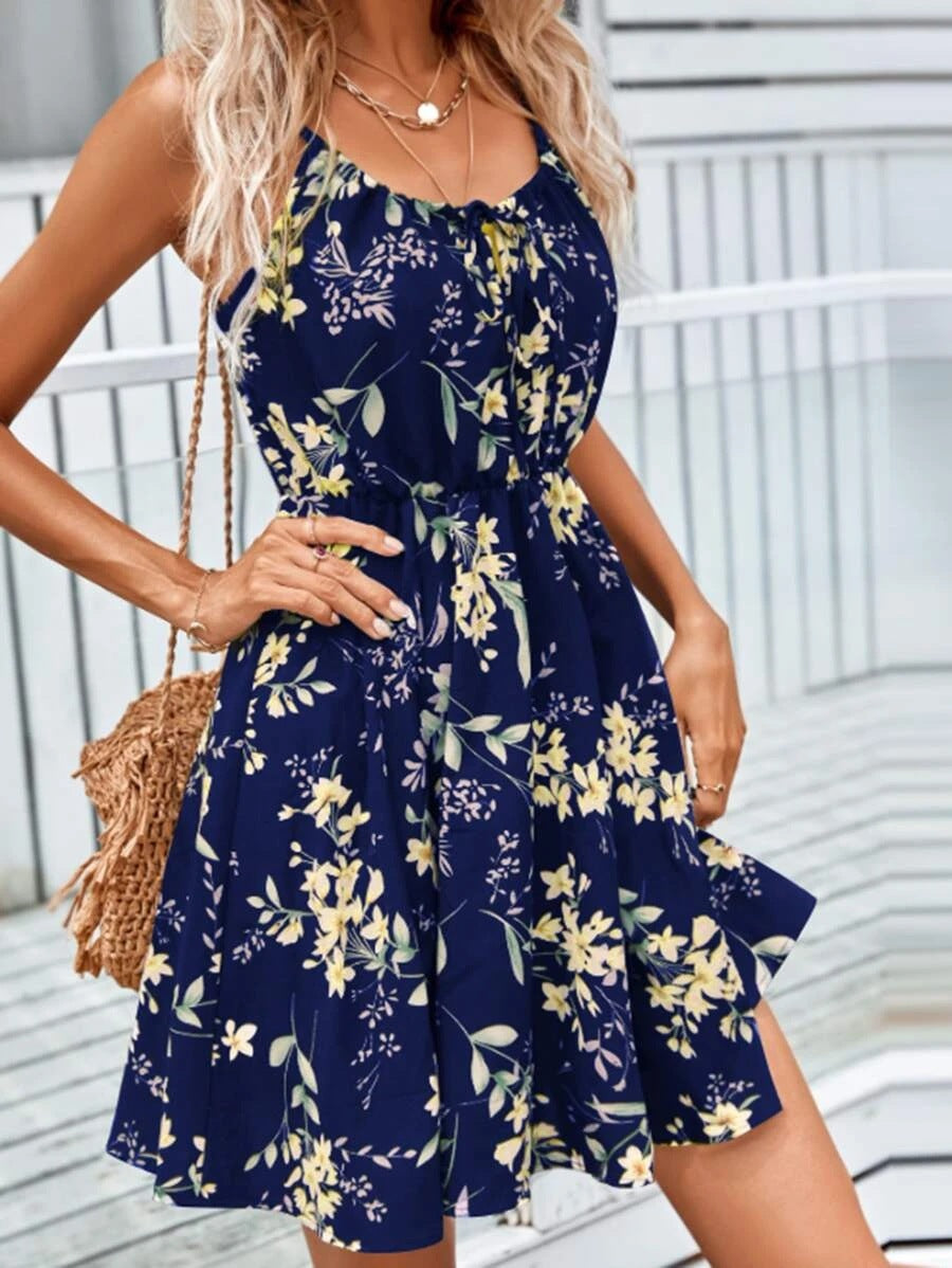 2025 Popular, , summer new elegant sleeveless dress pullover printing elastic waist suspender short skirt women