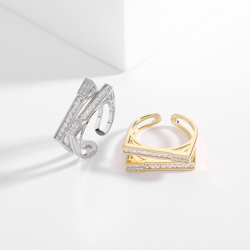 2025 Opening adjustable zircon ring color retention electroplating fashion women's ring creative design sense parallel staggered personality index finger ring