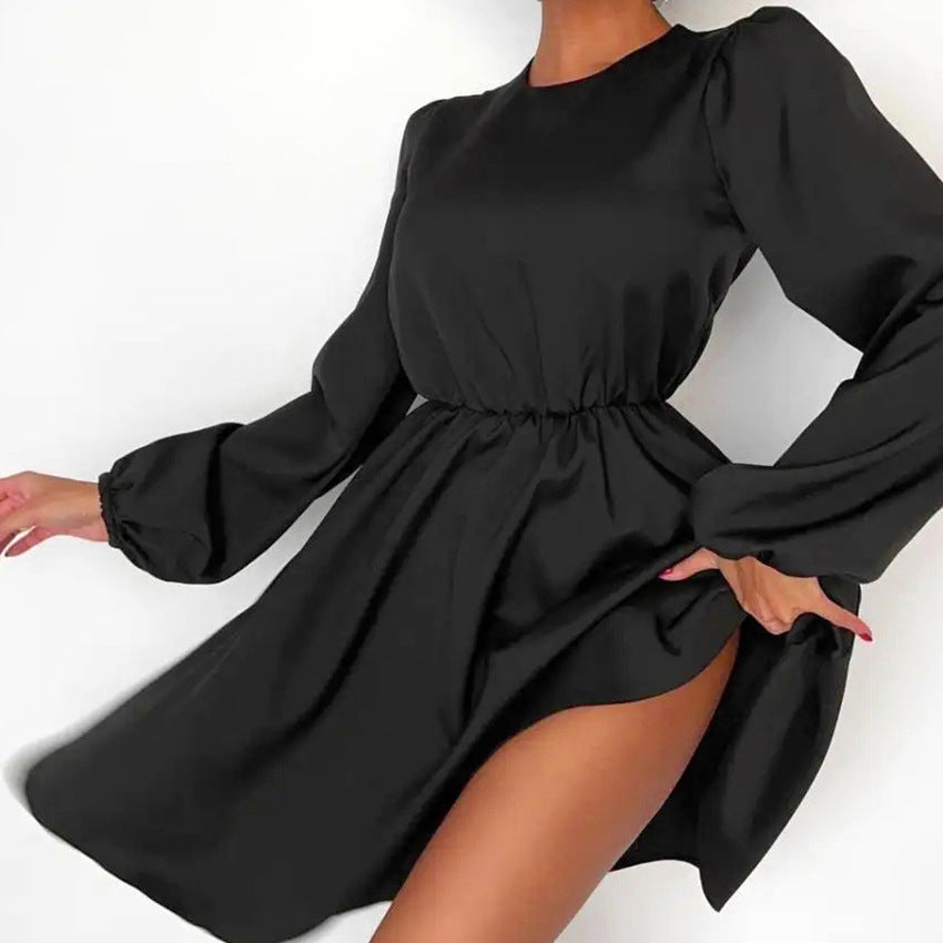 2025 Elegant High Waist Bubble Sleeve Crew Neck Slim Fit Dress popular Wildberries Spring/Summer Fashion New Product