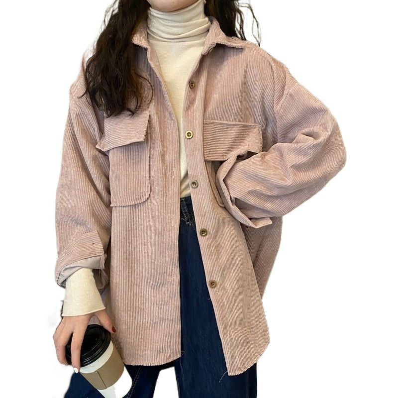 jinran fall outfits aesthetic Corduroy Coat Women's Autumn and Winter All-Matching Jacket New Retro Hong Kong Style Mid-Length Shirt Fashionable Top