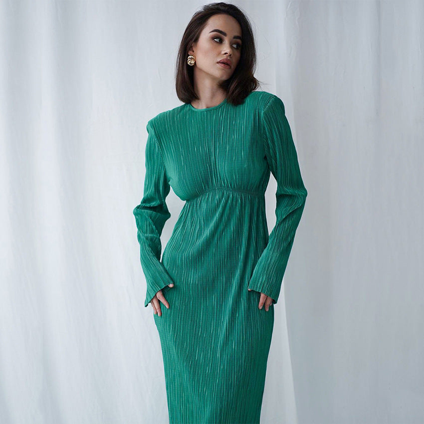 2025 spring long dress round neck hollow sexy temperament dress backless slim long sleeve pleated dress women