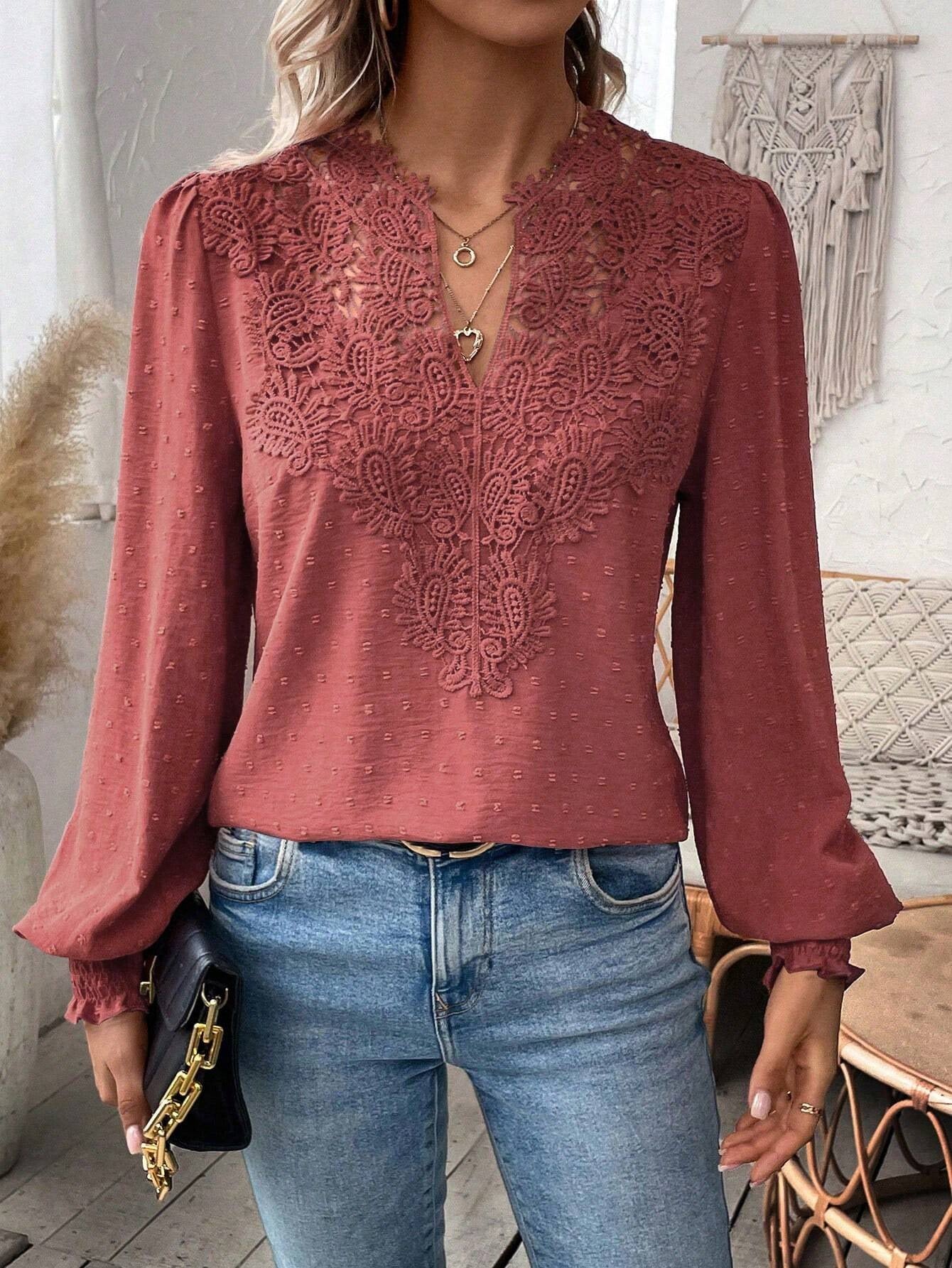2025 Popular, , New autumn and winter new fashion V-neck lace solid color long-sleeved casual T women's top