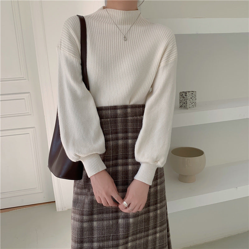 jinran fall fashion Japan and South Korea ~ 2024 New Bottoming Half Turtleneck Solid Color Lantern Sleeve Korean Style Knitted Sweater Top for Women