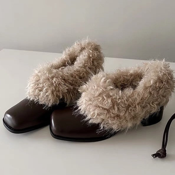 2025 Cowhide version~ Square head one-pedal retro velvet warm Mary Jane small leather shoes cotton shoes thick heel single shoes fluffy shoes