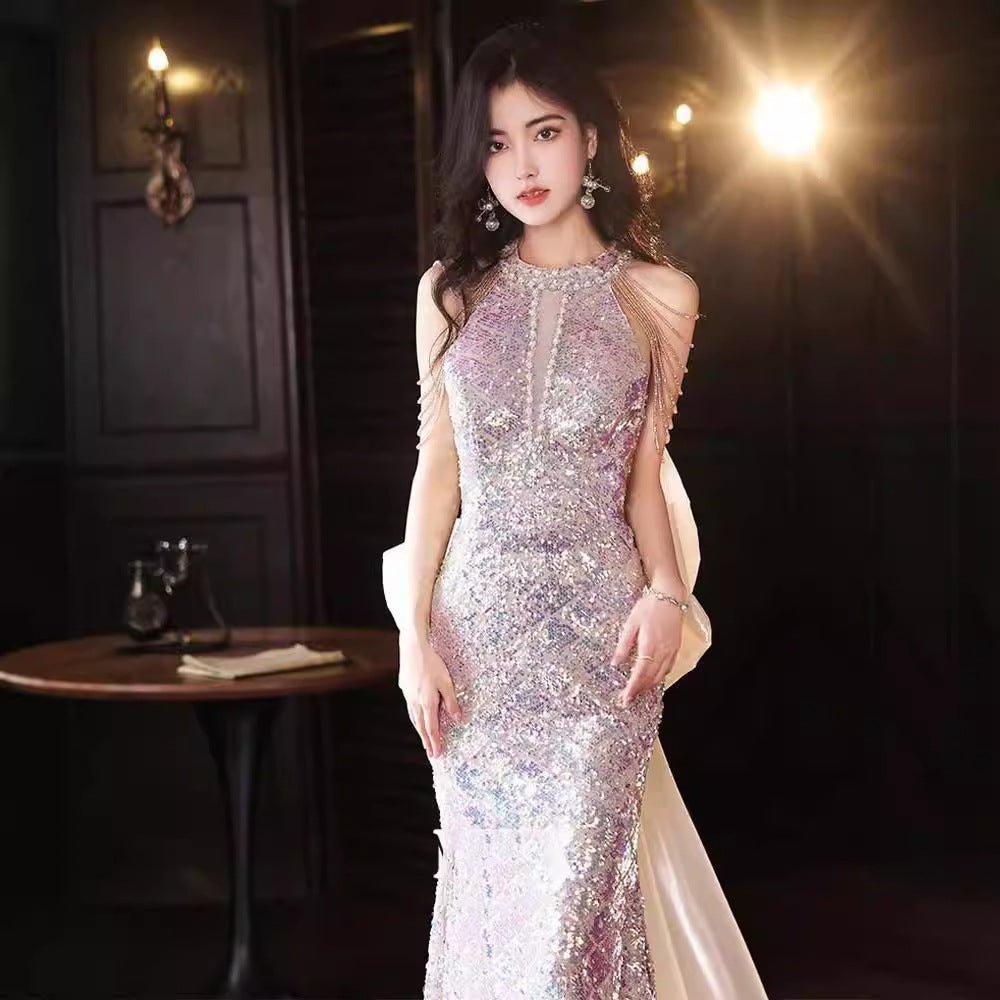 jinran pink dress Banquet Host Evening Dress 2024 New Style Style Birthday Party Socialite Elegant French Light Luxury Fishtail