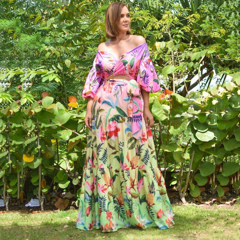 2025 New spring and summer new 2025 women's clothing printing loose off-the-shoulder V-neck sexy slim dress dress dress