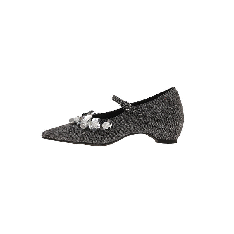 2025 Sheepskin version~ Spring new temperament pointed sequins flower word with single shoes Spring new gentle lady shoes