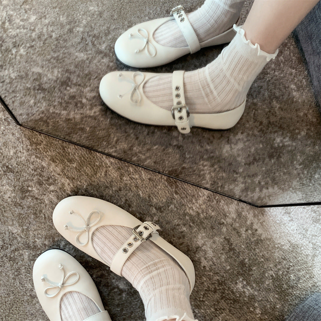 2025 Sheepskin version~ miu new bow ballet flats leather word belt Mary Jane single shoes women's shoes