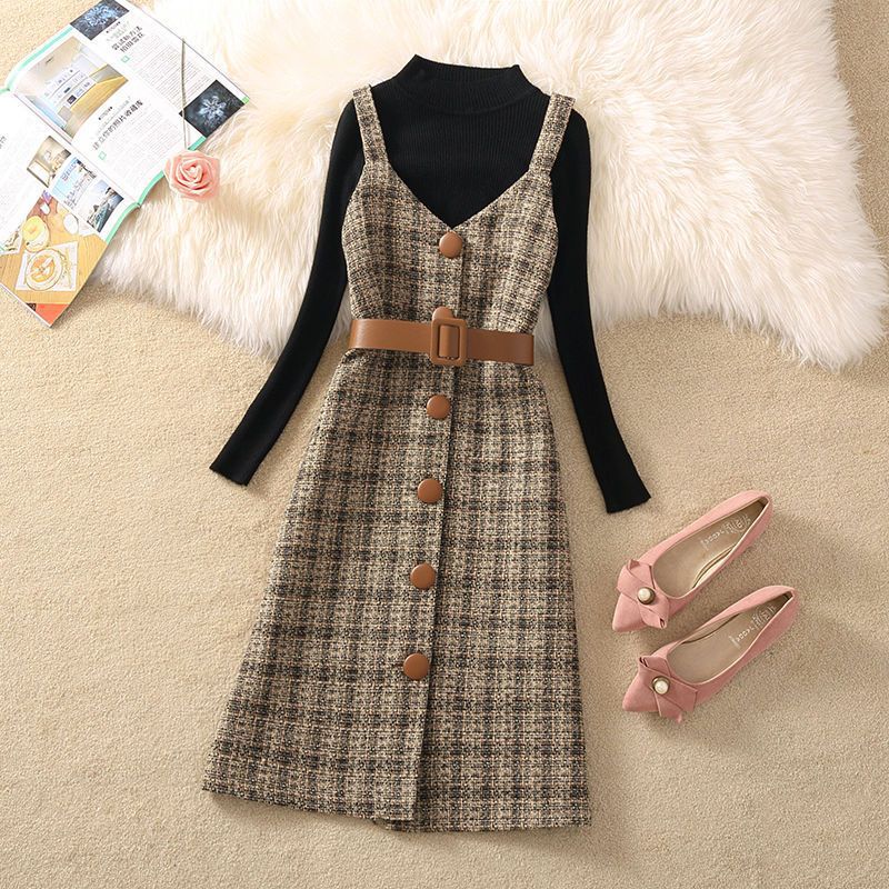 jinran fall trends 2024 outfits Sweater Dress Suit Women's 2024 Autumn and Winter New Retro Woolen Plaid Strap Dress Two-Piece Suit Fashion Women