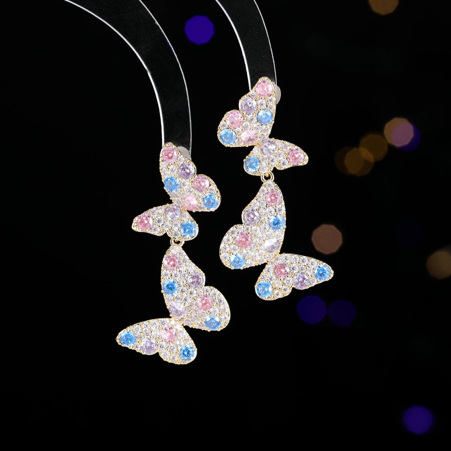 2025 Exquisite full diamond double butterfly earrings S925 silver needle women's light luxury temperament versatile niche design temperament earrings