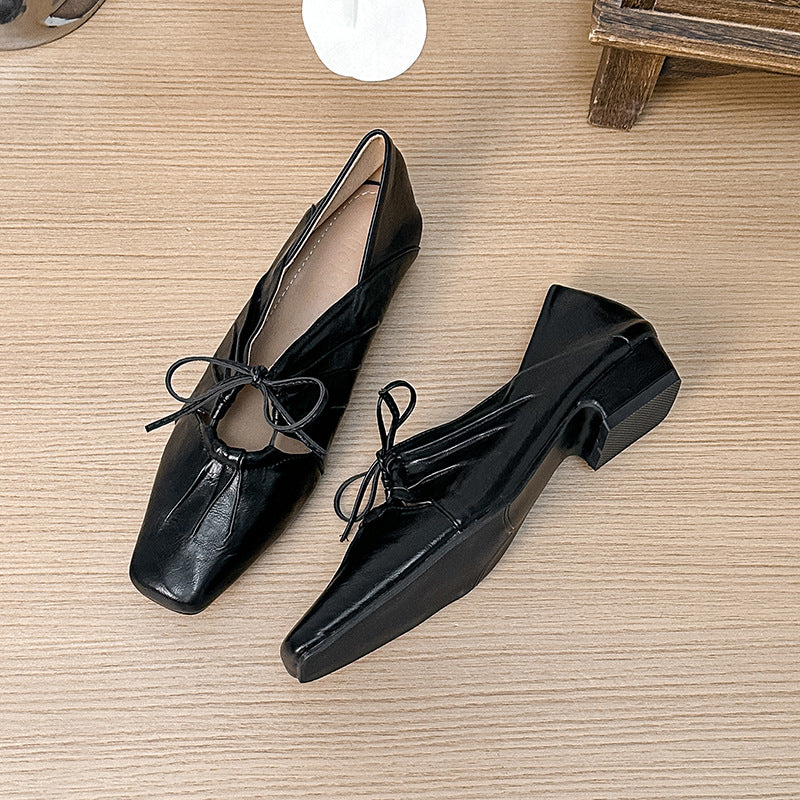 2025 Cowhide version~ pleated hollow Mary Jane shoes bow handmade leather low-heeled single shoes light mouth small leather shoes women