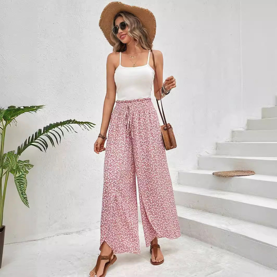 2025 Tiktoktemu women's clothing summer new fashion versatile floral side slit wide-leg culottes