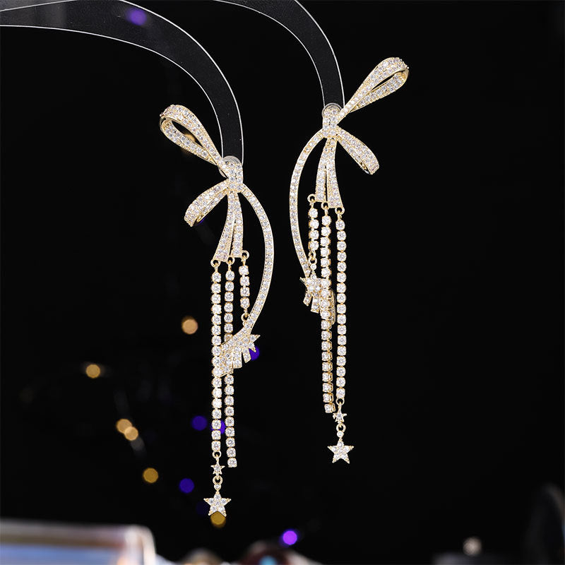 2025 Diamond bow tassel earrings for women luxury long earrings personality exaggerated atmosphere heavy earrings wholesale