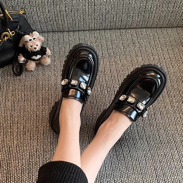 2025 Cowhide version~ Su Yinyin's same thick-soled gemstone rhinestone one-pedal lazy loafer single shoes women's casual small leather shoes
