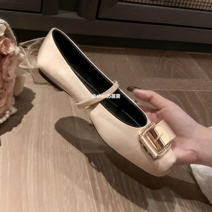 2025 Spot sheepskin version~ New niche pig nose drill buckle silk satin Mary Jane ballet flats women's single shoes