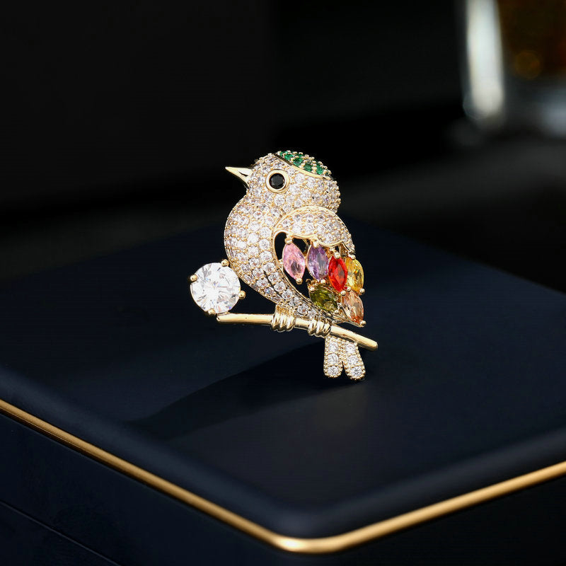 2025 Colored zircon inlaid collar pin accessories cardigan anti-exposure pin design happy bird magpie brooch