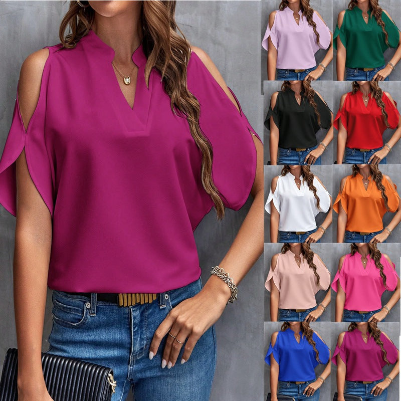 2025 tiktoktemu women's clothing summer new V-neck temperament fashion off-the-shoulder sleeve women's top