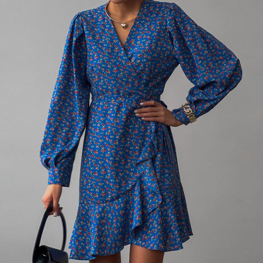 2025 Sexy V-neck bubble sleeve ruffle edge printed strap dress popular new spring fashion Popular trade women