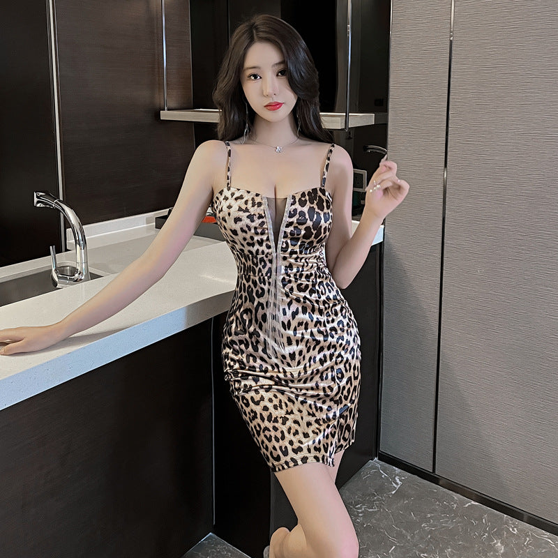 2025 Leopard print nightclub women's clothing summer new retro low-cut sexy suspender dress slim split hip skirt