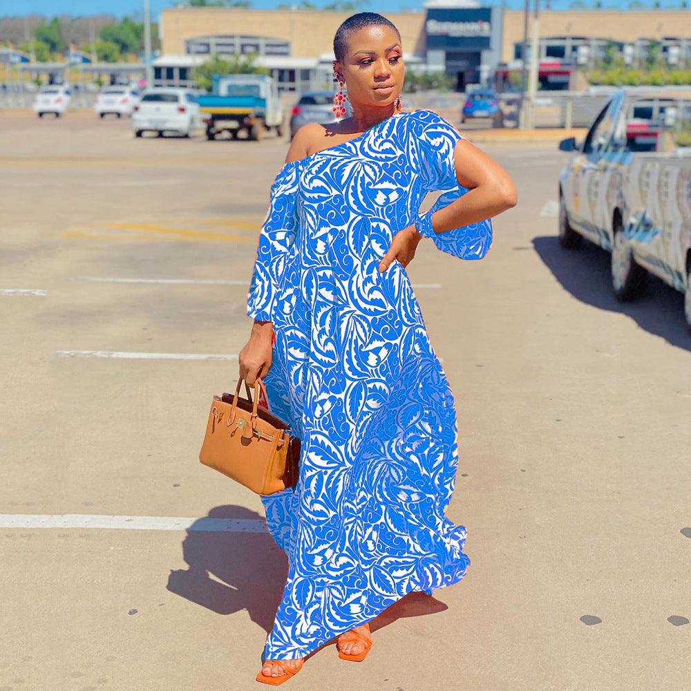 2025 New summer new 2025 women's clothing printed dress slanted shoulder medium sleeve loose sexy long dress dress