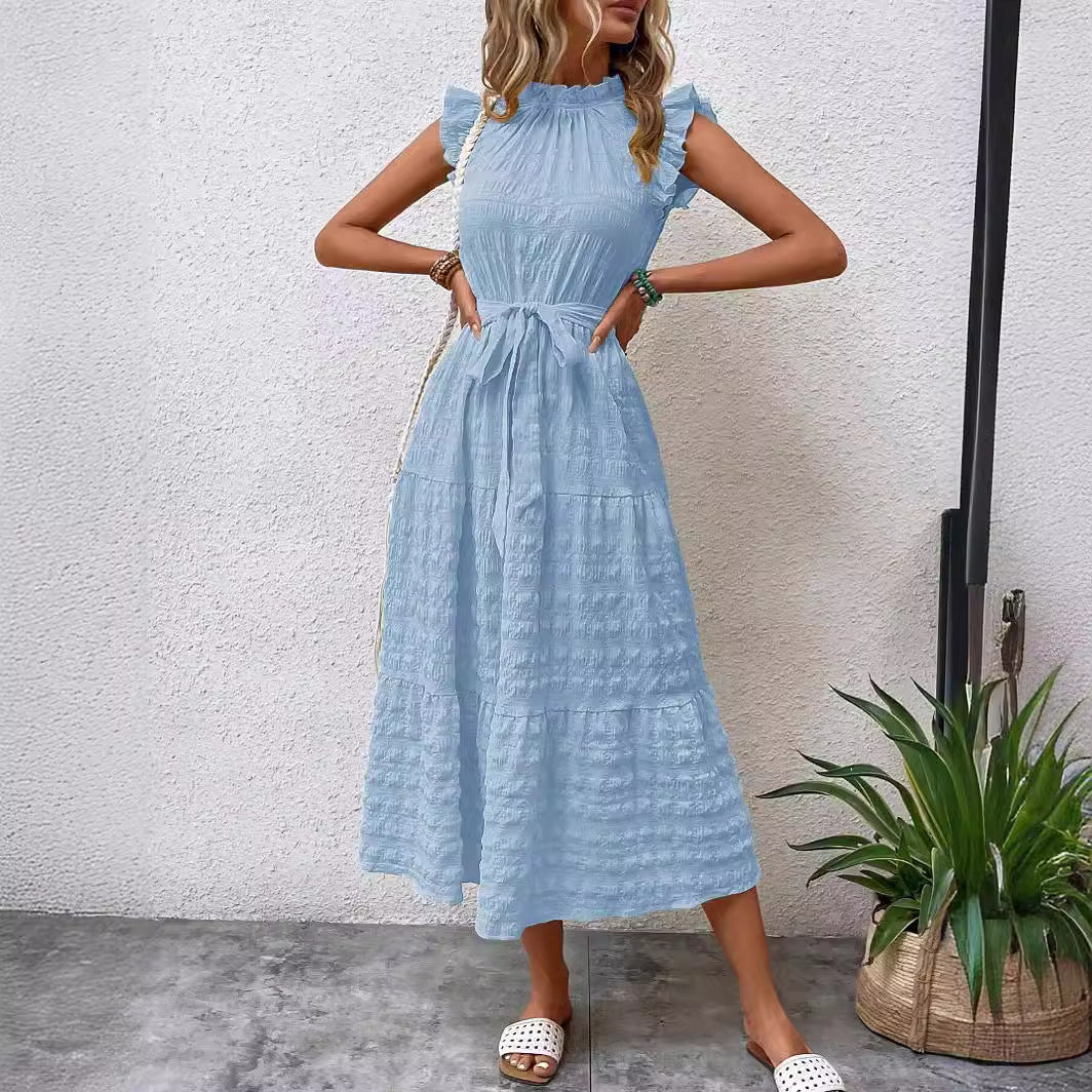 2025 Popular, , New women's clothing summer new fashion fungus edge flying sleeves lace-up textured dress