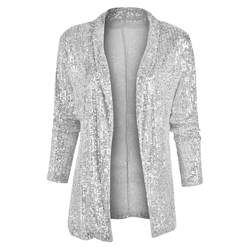 2025 spring New new 2025 sequined long-sleeved temperament medium and long small suit lapel coat