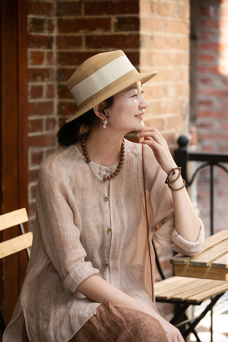 2025 popular spring light linen cardigan color breathable literary and casual versatile sunscreen shirt women's summer commute A0837