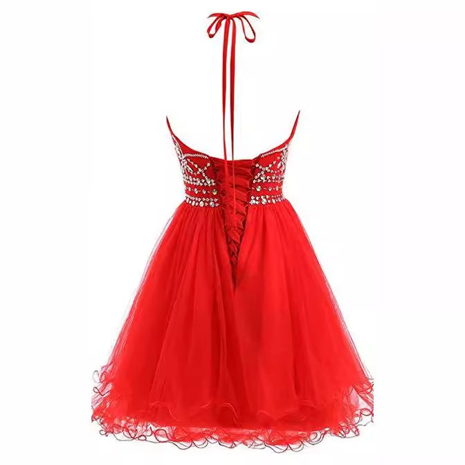 jinran dresses Slim-Fit Small Dress Halter Short Bridal Wedding Dress Banquet Evening Dress Lace New Red Women