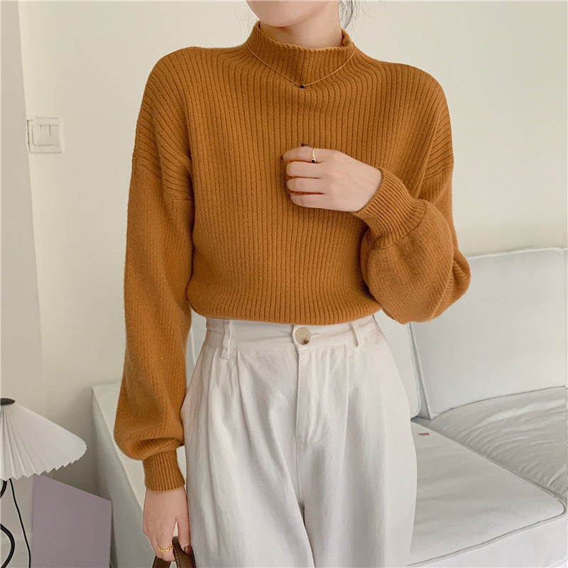 jinran fall fashion Japan and South Korea ~ 2024 New Bottoming Half Turtleneck Solid Color Lantern Sleeve Korean Style Knitted Sweater Top for Women