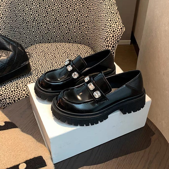 2025 Cowhide version~ Su Yinyin's same thick-soled gemstone rhinestone one-pedal lazy loafer single shoes women's casual small leather shoes