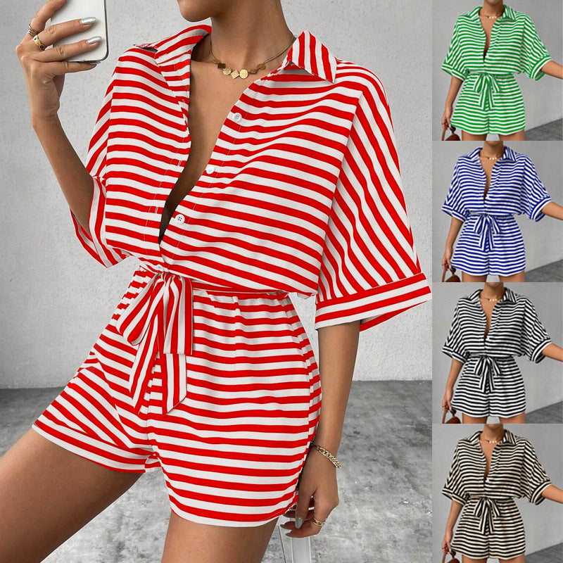 2025 spring and summer Popular trade New striped lapel cardigan button medium sleeve belt shorts set onesie women
